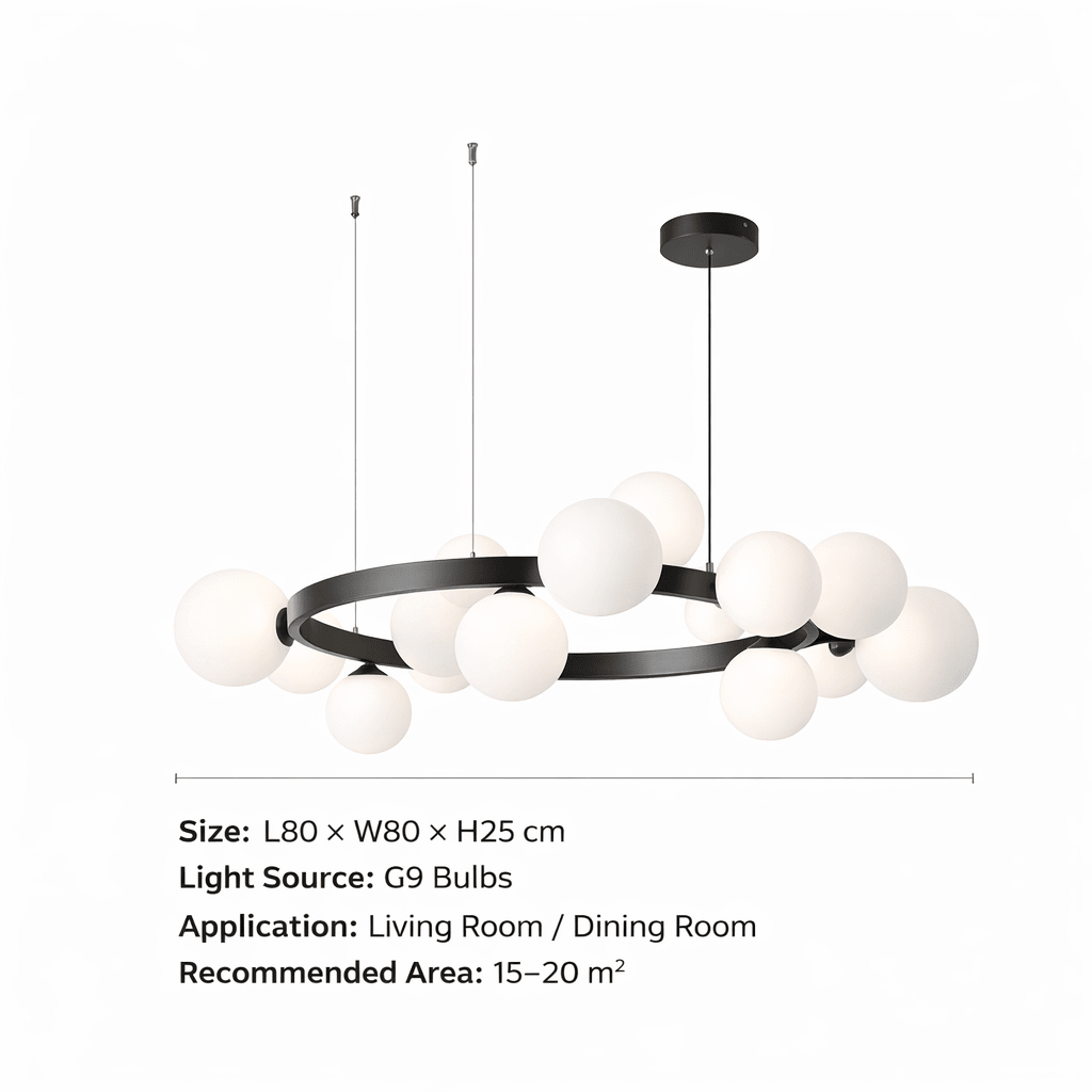 Modern Orbit Globe Chandelier – Black Ring Frame with Frosted Glass Balls - SHAGHAF HOME