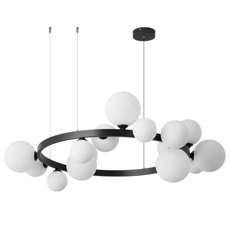 Modern Orbit Globe Chandelier – Black Ring Frame with Frosted Glass Balls - SHAGHAF HOME