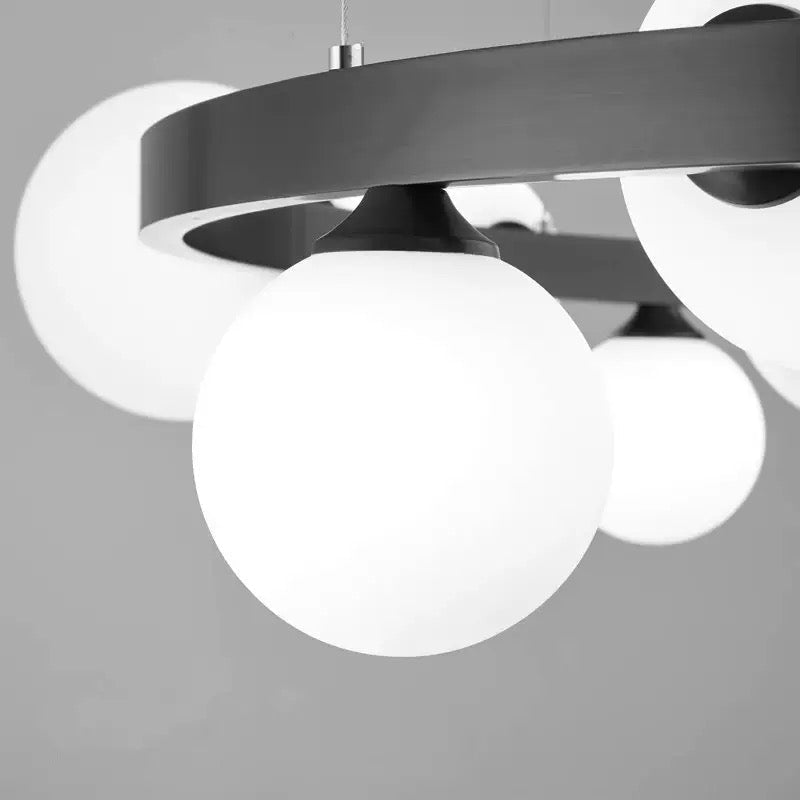 Modern Orbit Globe Chandelier – Black Ring Frame with Frosted Glass Balls - SHAGHAF HOME