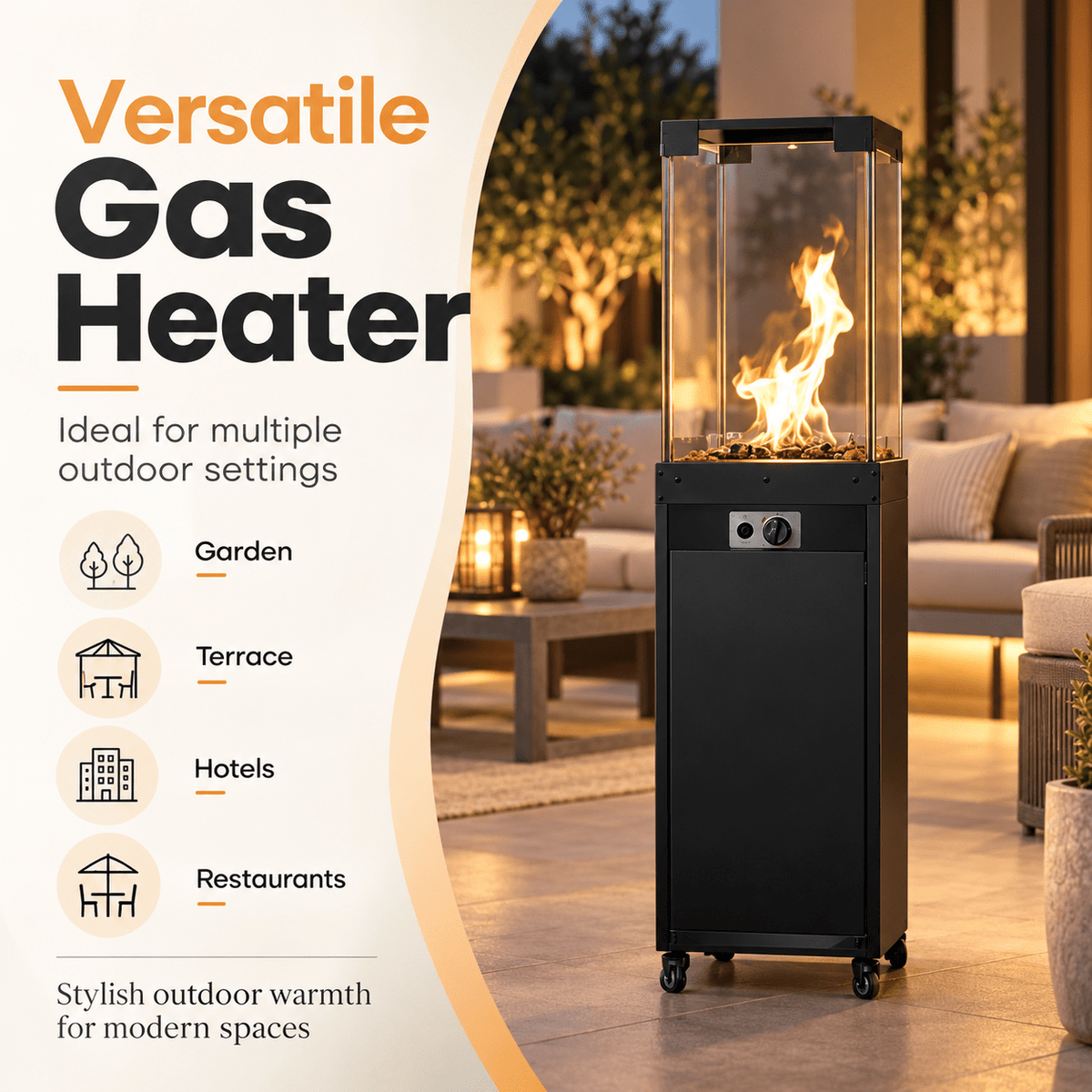 Modern Outdoor Gas Patio Heater with Glass Flame Column - SHAGHAF HOME