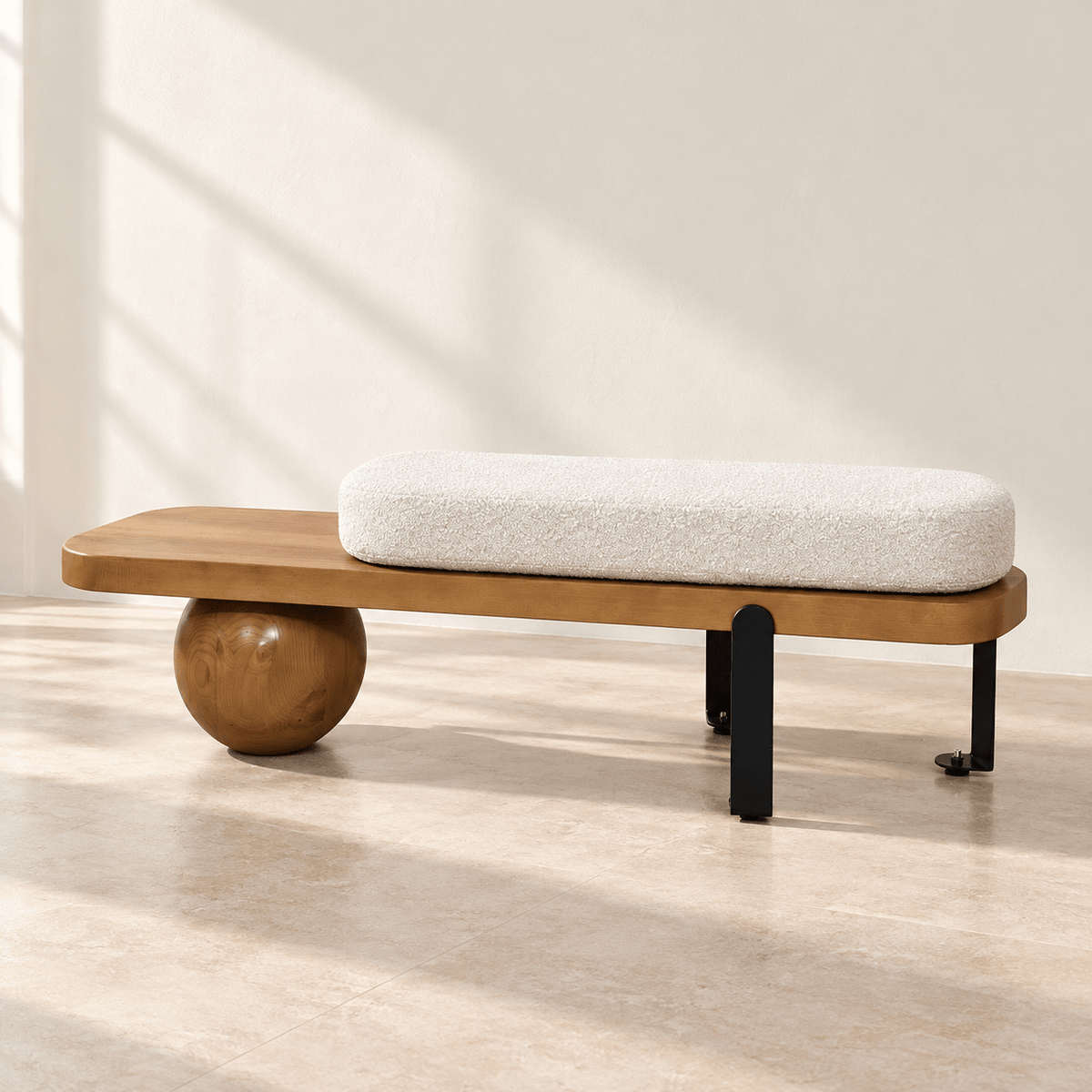 Modern Pine Wood Bench – Minimalist Design with Boucle Fabric Cushion - SHAGHAF HOME
