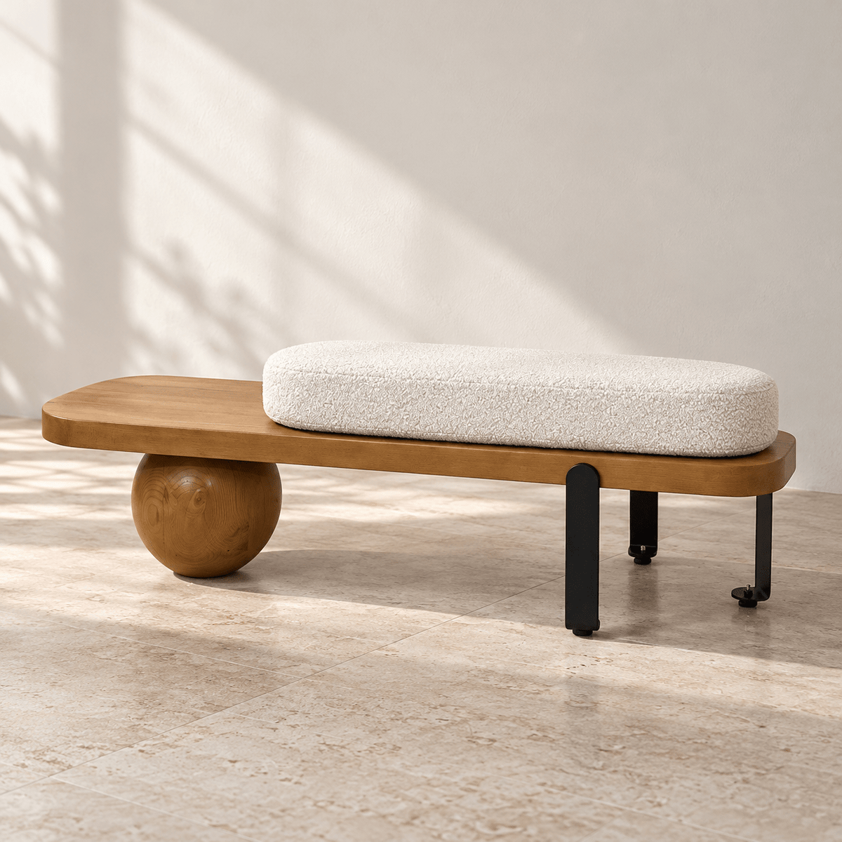 Modern Pine Wood Bench – Minimalist Design with Boucle Fabric Cushion - SHAGHAF HOME