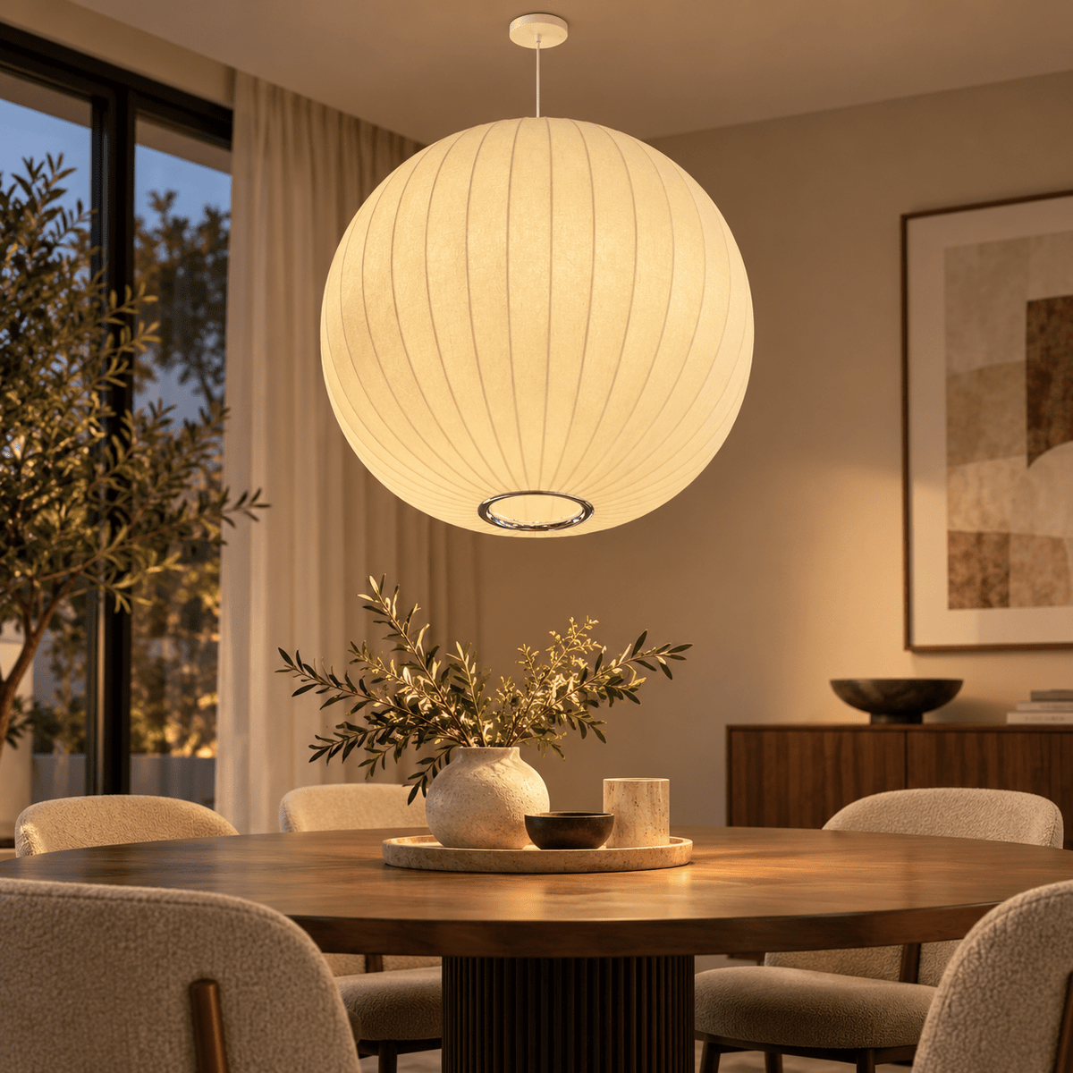 Modern Ribbed Globe Pendant Light 50 cm – Ivory Hanging Ceiling Lamp - SHAGHAF HOME