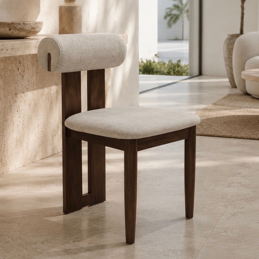 Modern Solid Wood Dining Chair with Linen Upholstered Seat & Sculptural Backrest – Beige - SHAGHAF HOME