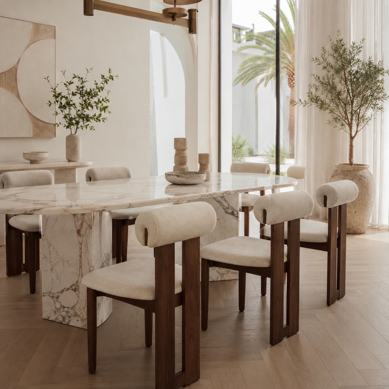 Modern Solid Wood Dining Chair with Linen Upholstered Seat & Sculptural Backrest – Beige - SHAGHAF HOME