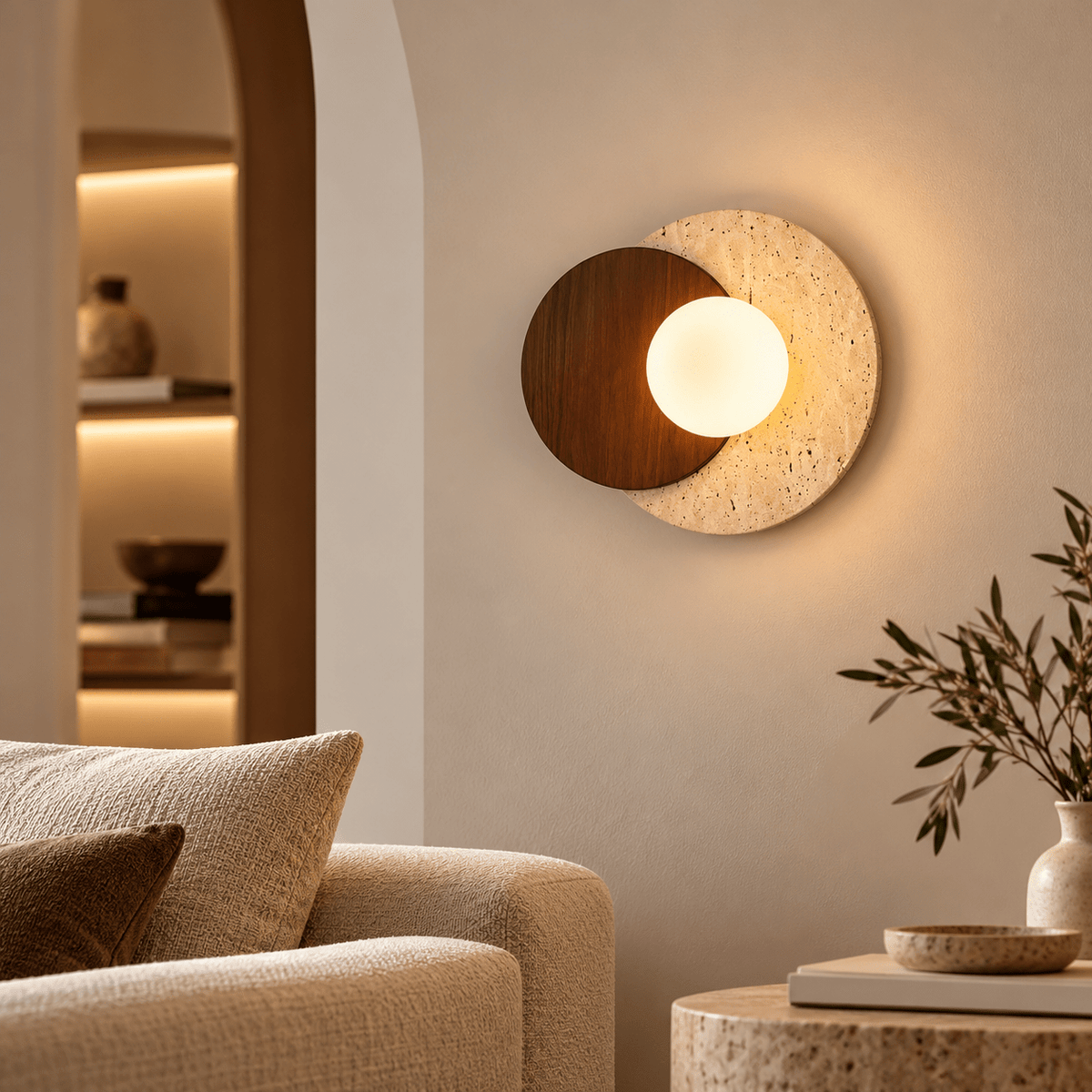 Modern Travertine Stone & Solid Wood Wall Light – Brown & Beige - SHAGHAF HOME