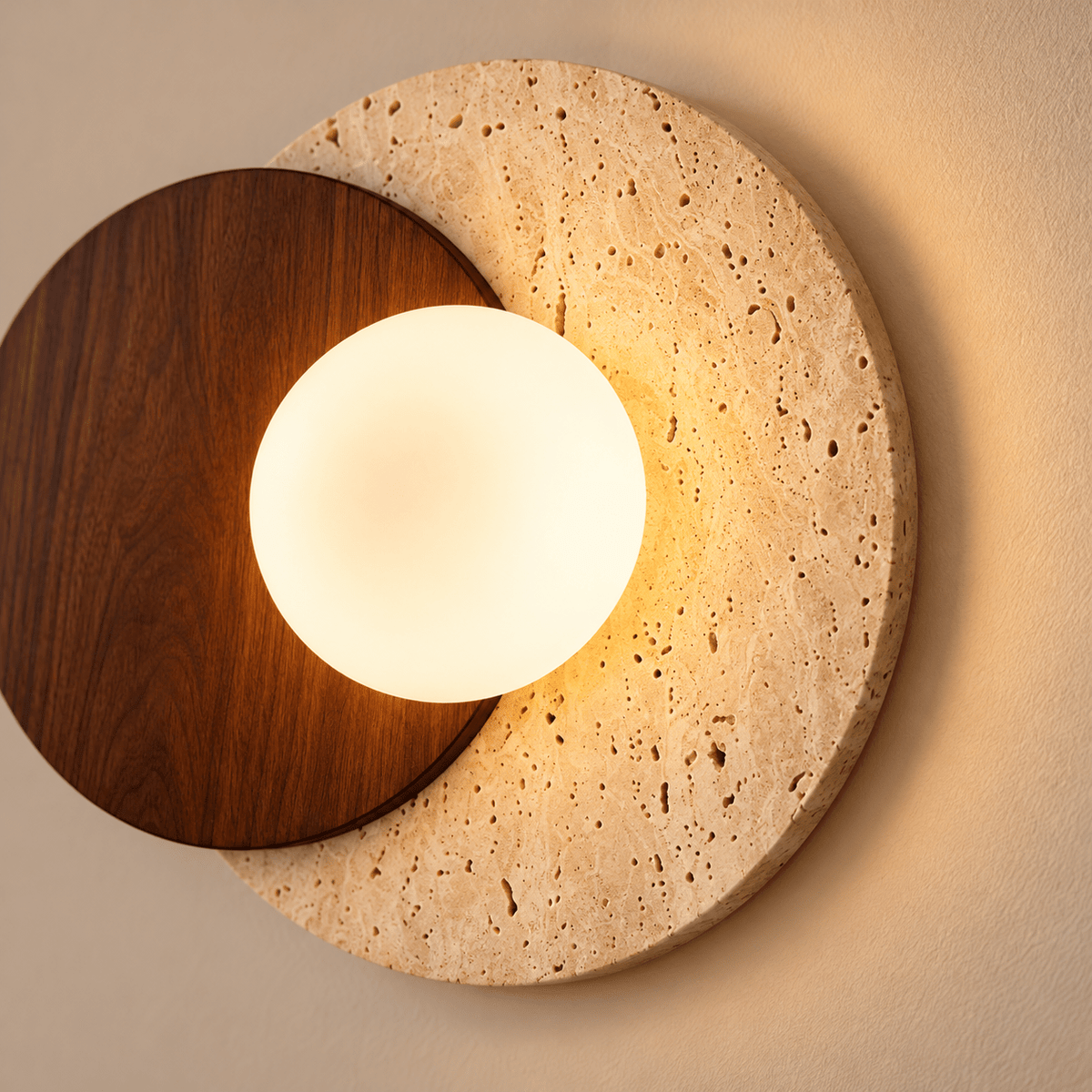 Modern Travertine Stone & Solid Wood Wall Light – Brown & Beige - SHAGHAF HOME