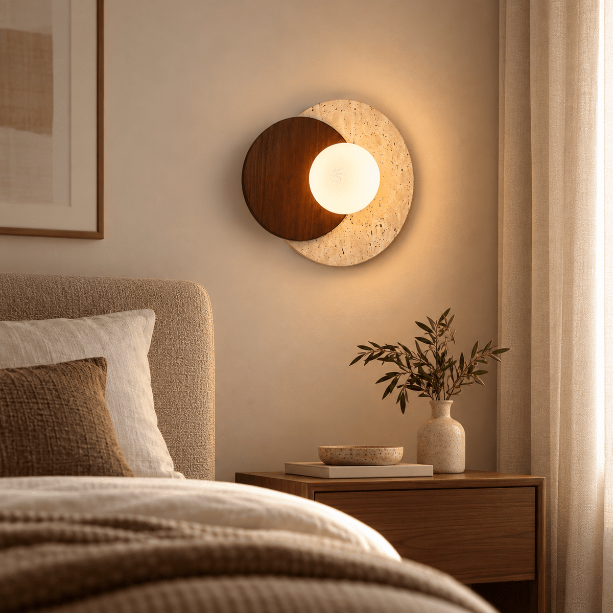 Modern Travertine Stone & Solid Wood Wall Light – Brown & Beige - SHAGHAF HOME