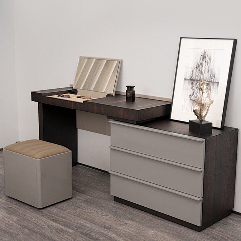 Modern Vanity Dresser Set with Mirror and Storage Ottoman Stool – Two - Tone Design - SHAGHAF HOME