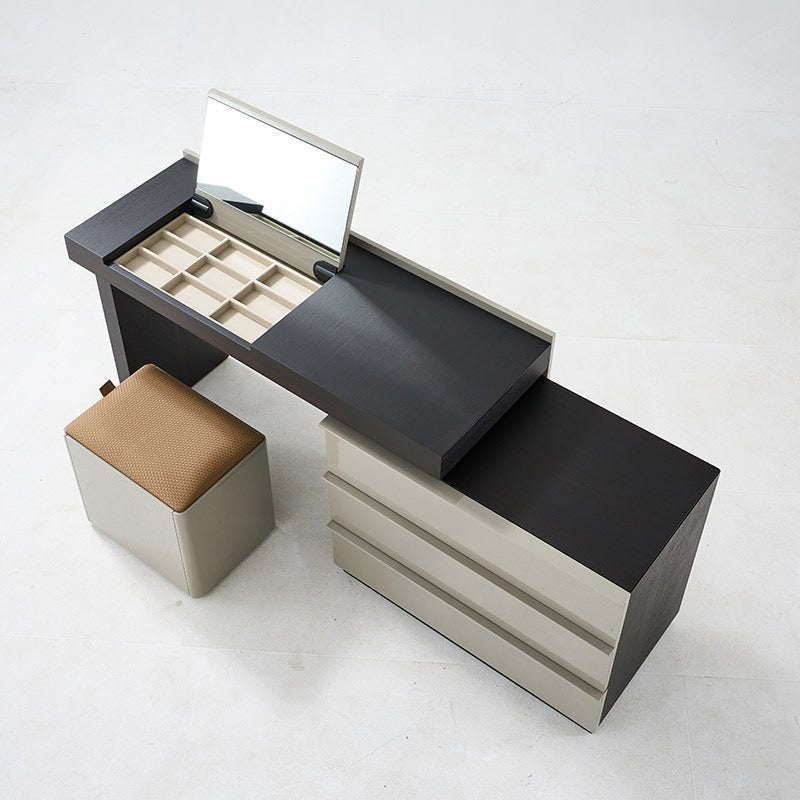 Modern Vanity Dresser Set with Mirror and Storage Ottoman Stool – Two - Tone Design - SHAGHAF HOME