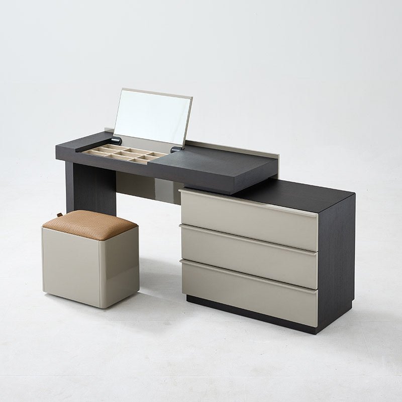 Modern Vanity Dresser Set with Mirror and Storage Ottoman Stool – Two - Tone Design - SHAGHAF HOME