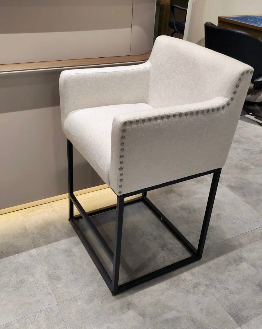 Noir Edge Upholstered Bar Chair – Cream Fabric & Black Metal Base - SHAGHAF HOME
