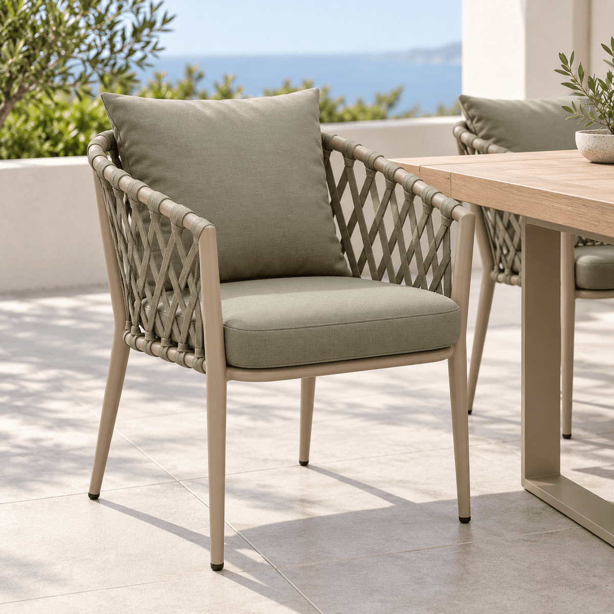 Olive Green Outdoor Rope Armchair with Aluminum Frame - SHAGHAF HOME