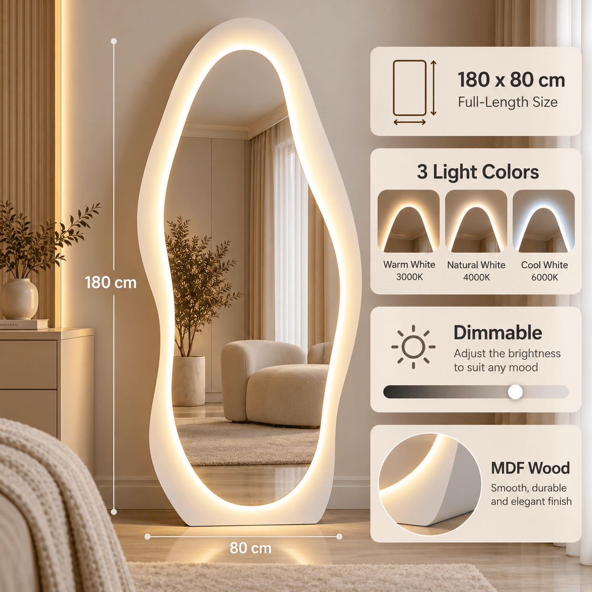 Organic LED Full-Length Floor Mirror 180×80 cm – Dimmable 3-Color Light - SHAGHAF HOME