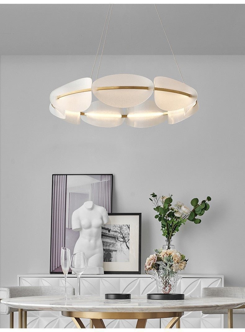 Petal Glow Modern Chandelier – Gold Frame with Frosted Acrylic Petal Shades - SHAGHAF HOME