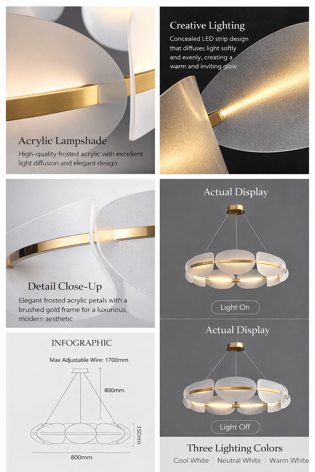 Petal Glow Modern Chandelier – Gold Frame with Frosted Acrylic Petal Shades - SHAGHAF HOME