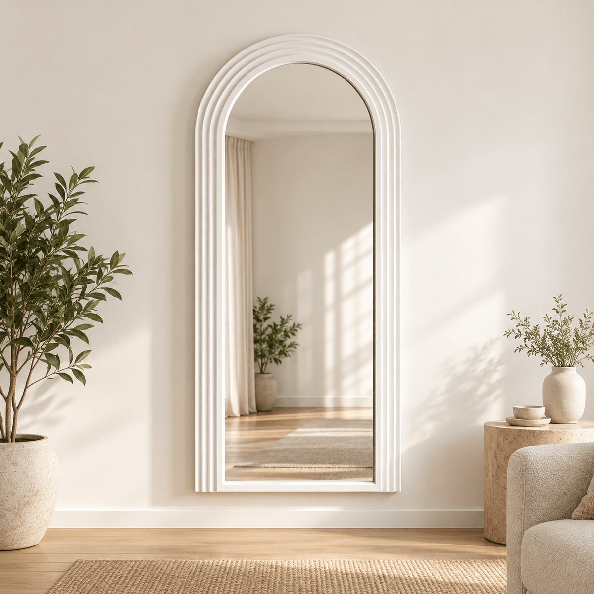 Pure White Arched Full-Length Mirror with Ribbed Wood Frame 170×80 cm - SHAGHAF HOME