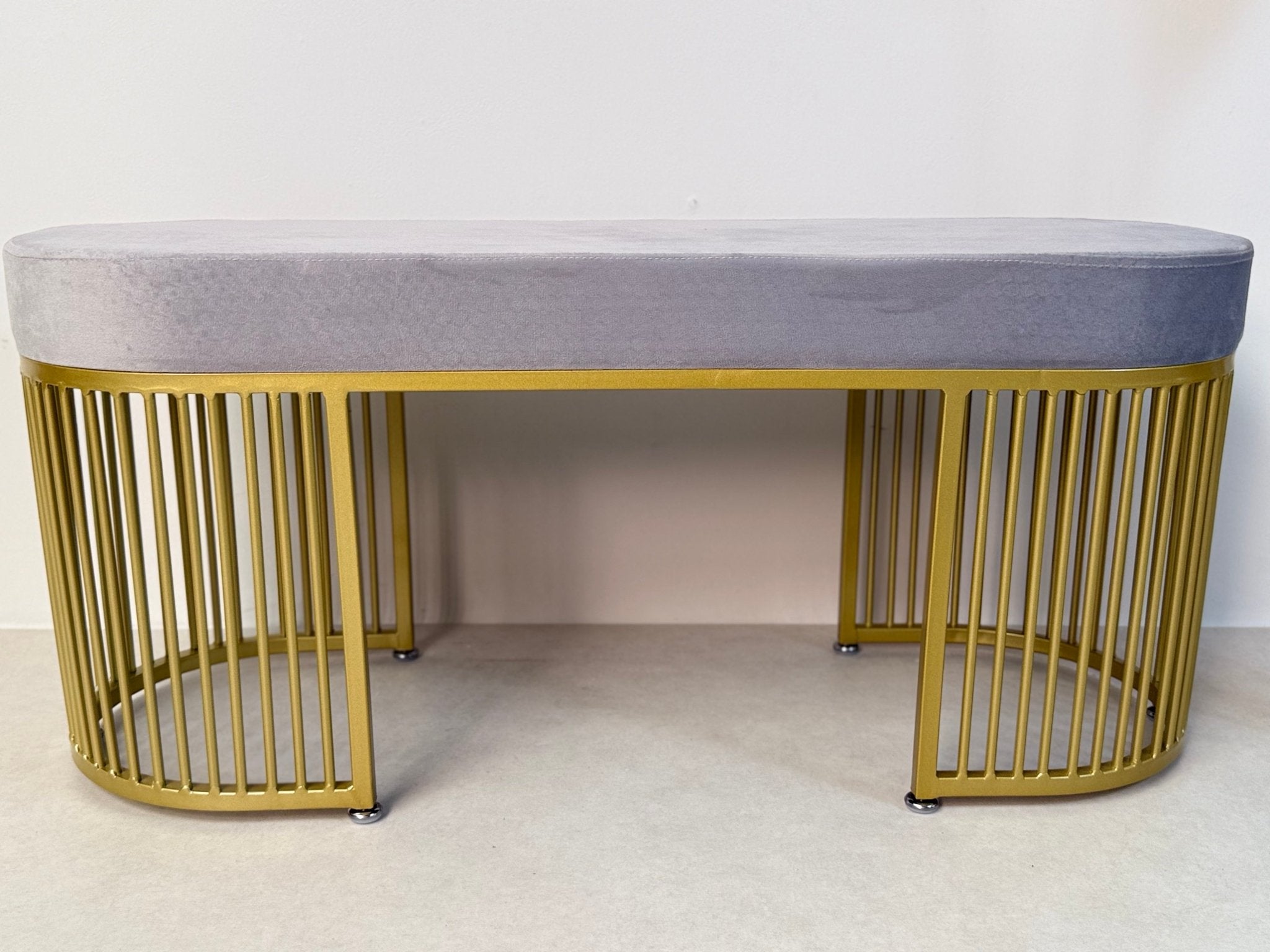 Serena Bench Luxury Gray Velvet Bench – Gold Metal Base - SHAGHAF HOME