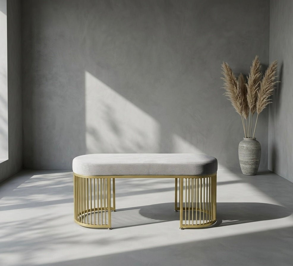 Serena Bench Luxury Gray Velvet Bench – Gold Metal Base - SHAGHAF HOME