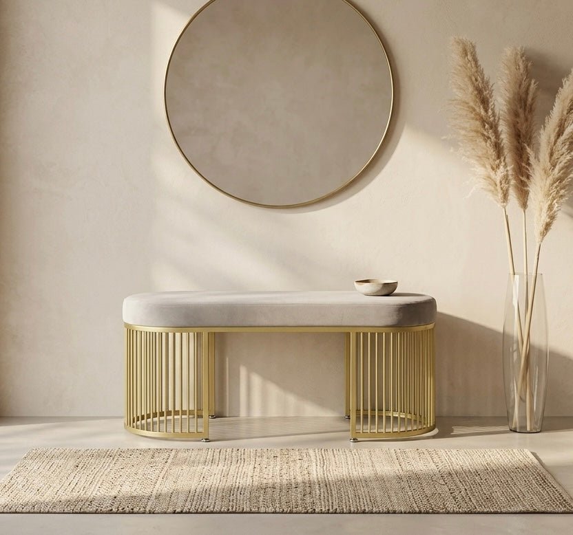 Serena Bench Luxury Gray Velvet Bench – Gold Metal Base - SHAGHAF HOME