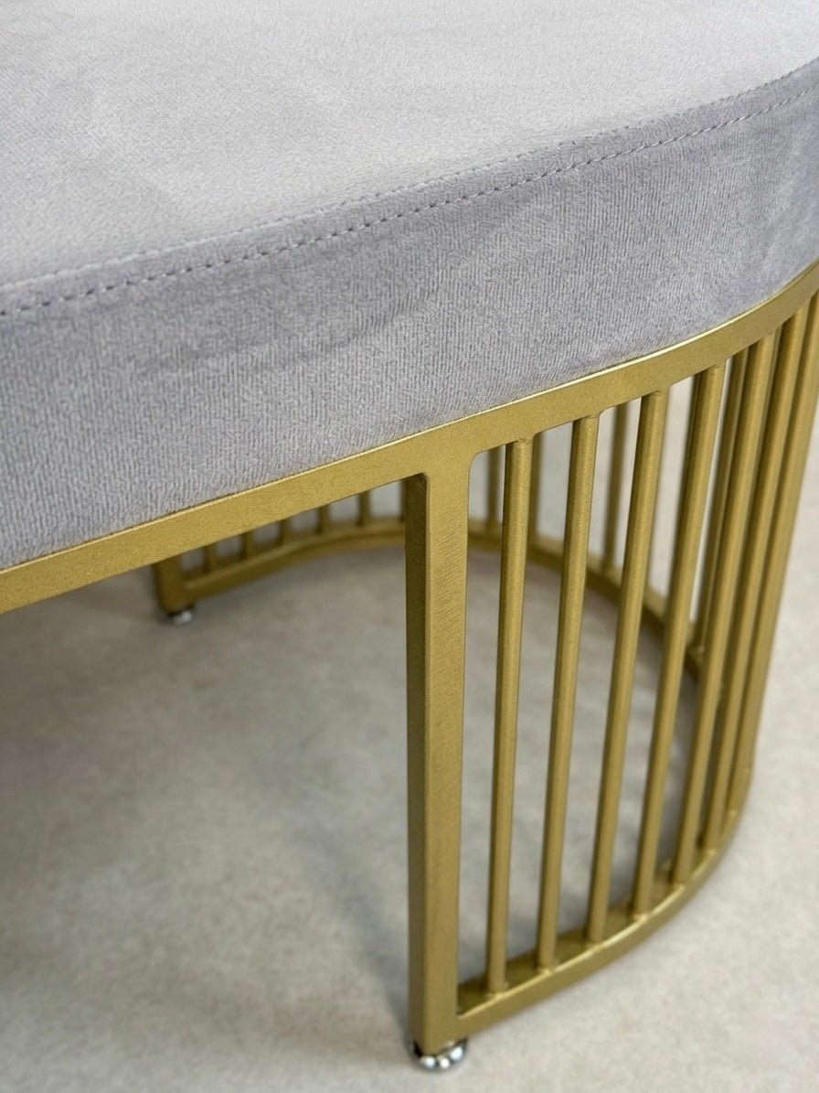 Serena Bench Luxury Gray Velvet Bench – Gold Metal Base - SHAGHAF HOME