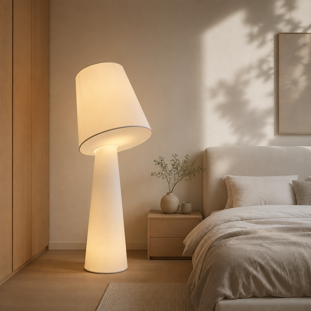Solenne sculptural fabric floor lamp in a minimalist bedroom