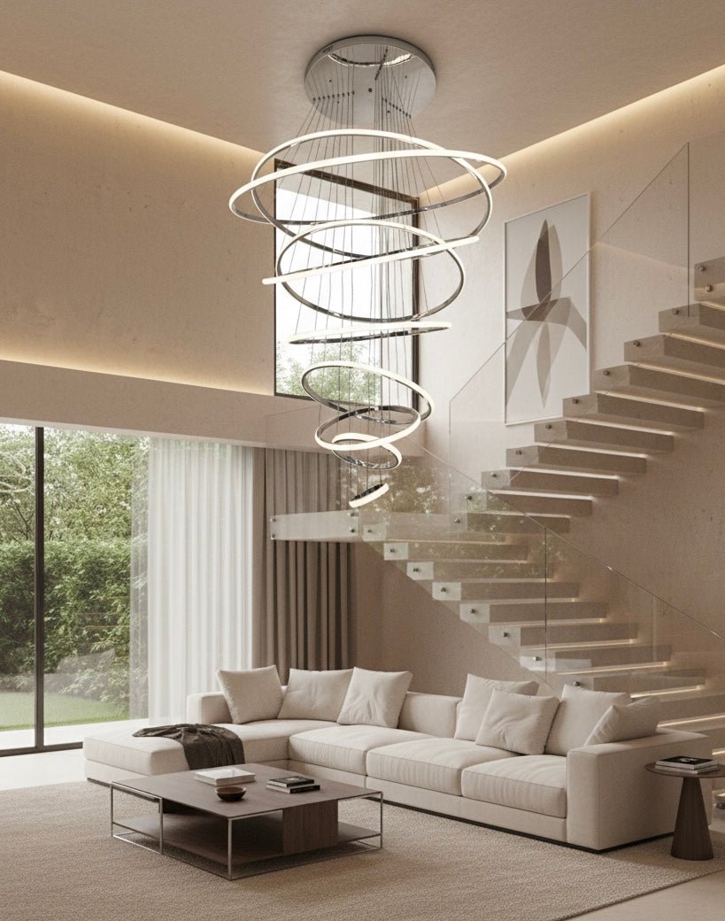 Spiral Halo LED High - Ceiling silvee Chandelier – 3 - Color Light - SHAGHAF HOME