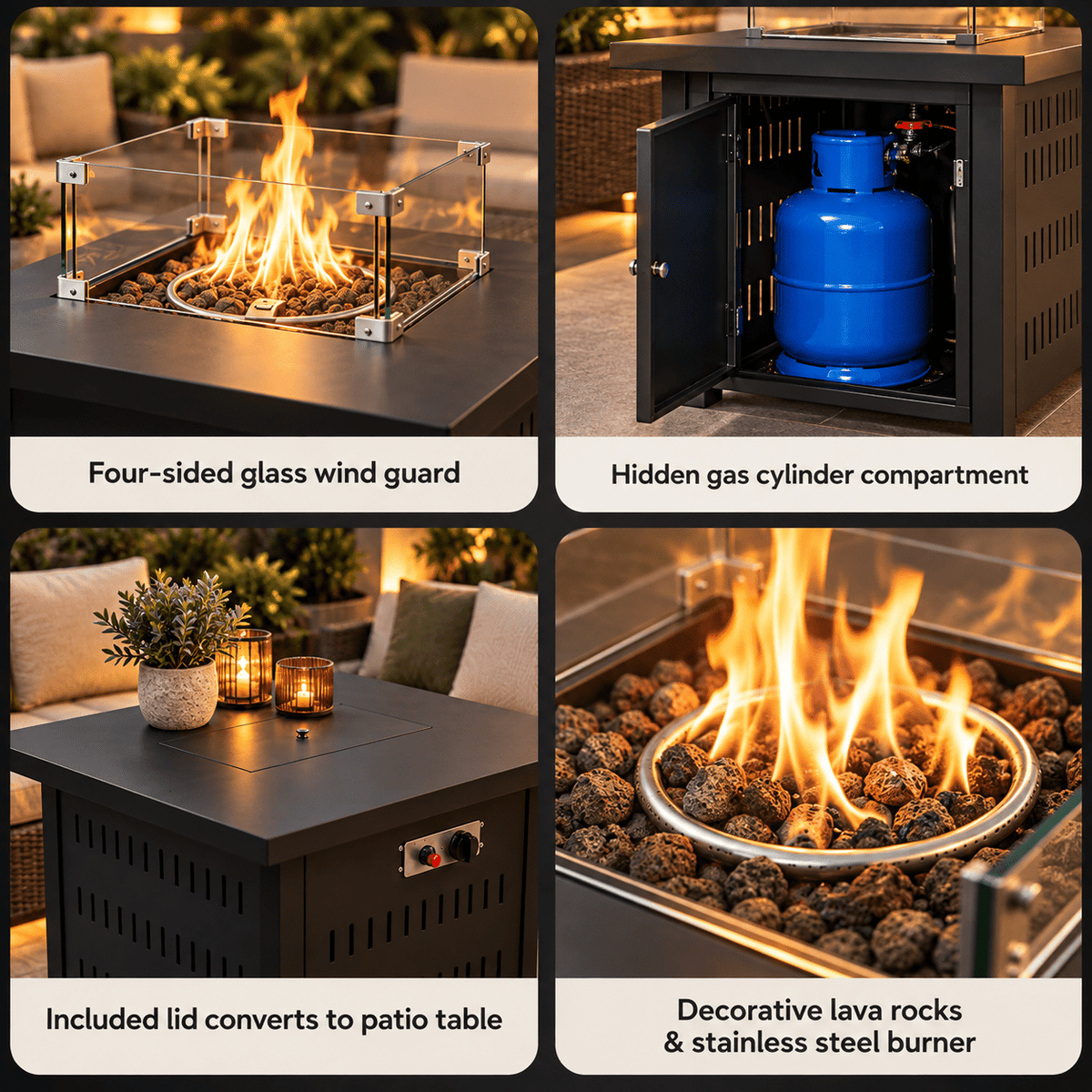 Square Outdoor Gas Fire Pit Table with Glass Wind Guard - SHAGHAF HOME