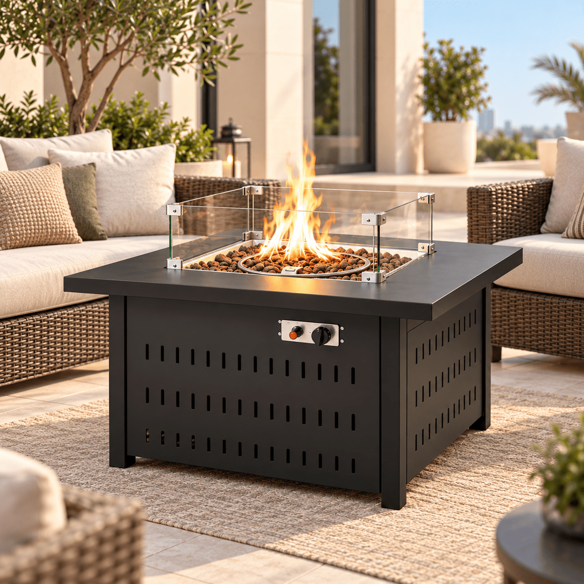 Square Outdoor Gas Fire Pit Table with Glass Wind Guard - SHAGHAF HOME