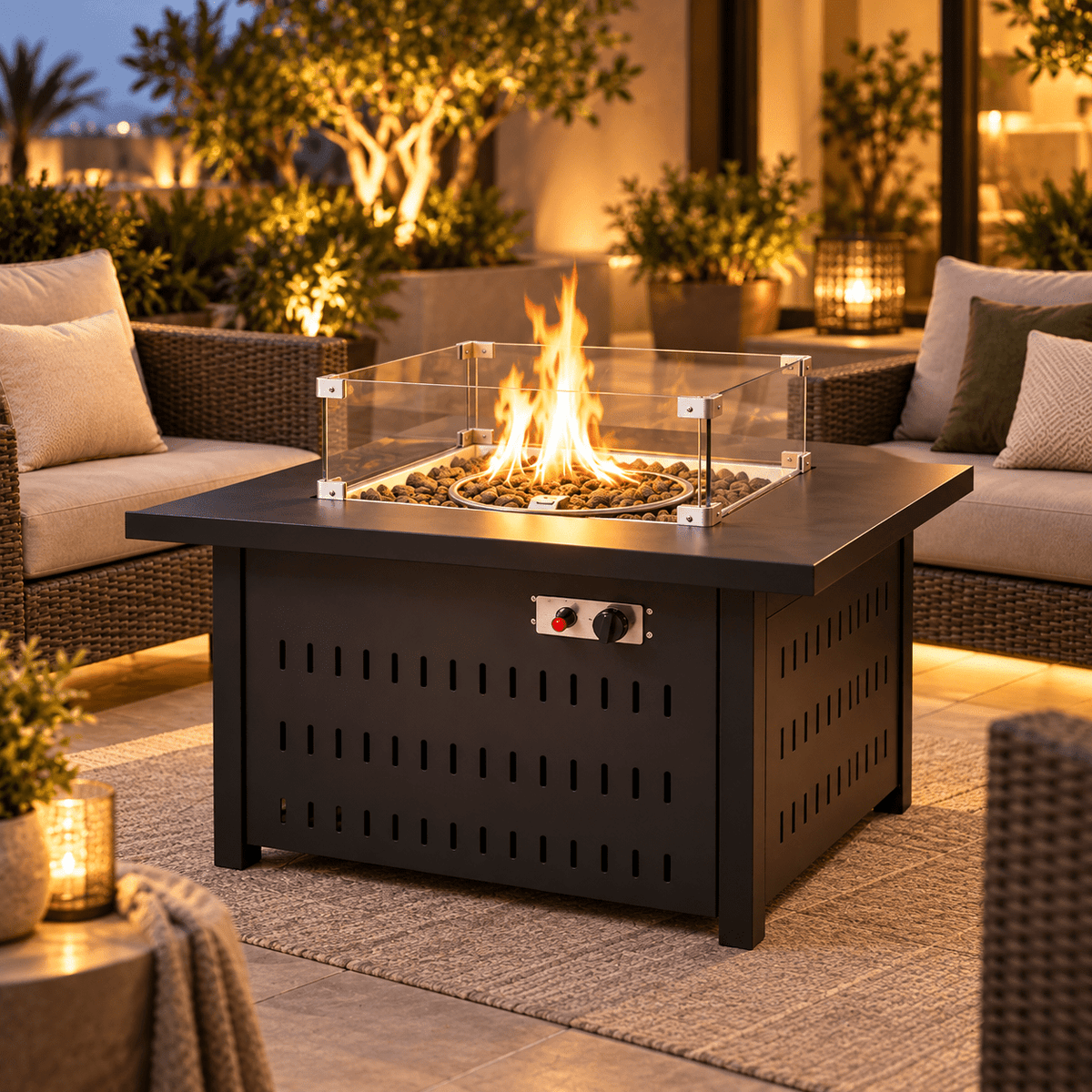 Square Outdoor Gas Fire Pit Table with Glass Wind Guard - SHAGHAF HOME