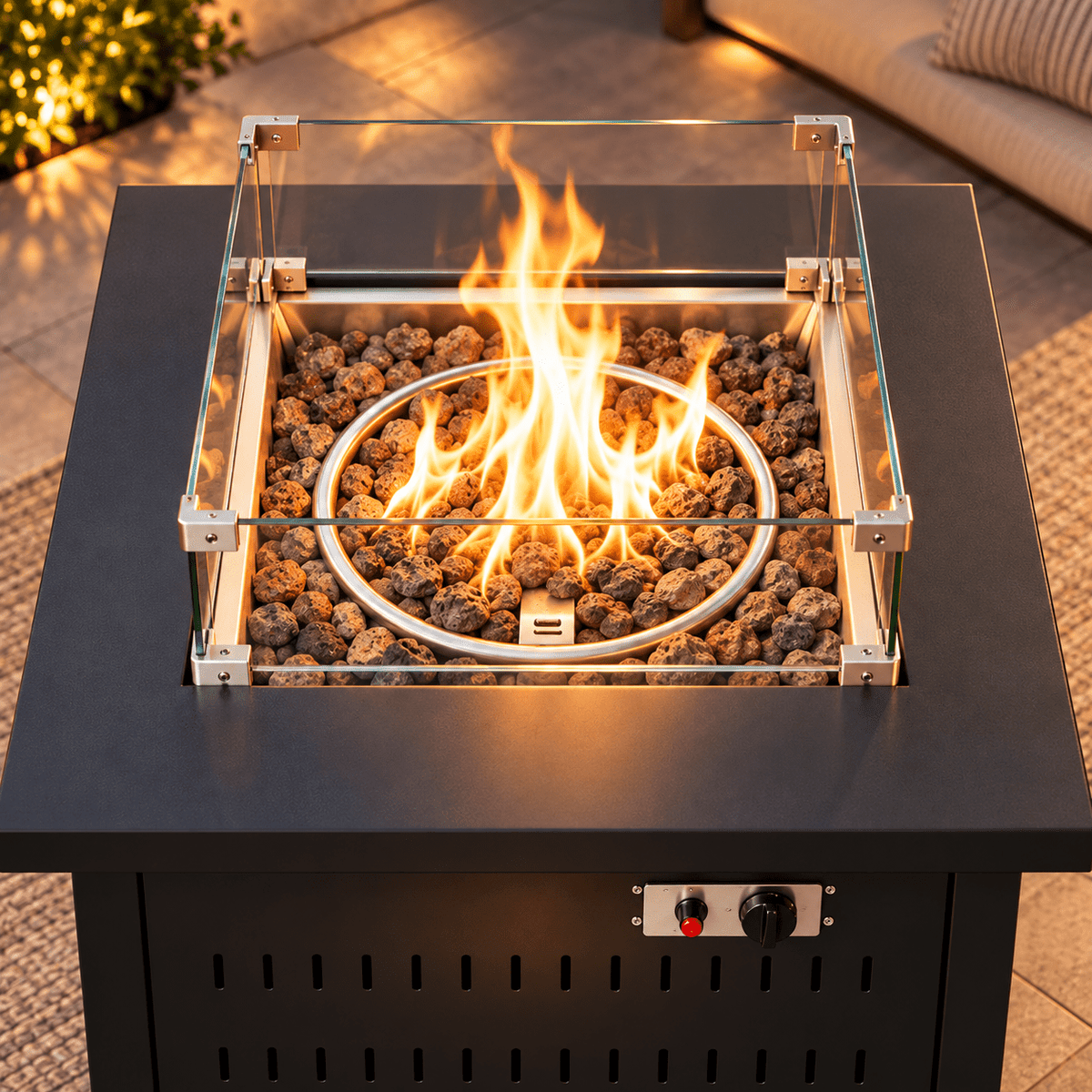 Square Outdoor Gas Fire Pit Table with Glass Wind Guard - SHAGHAF HOME