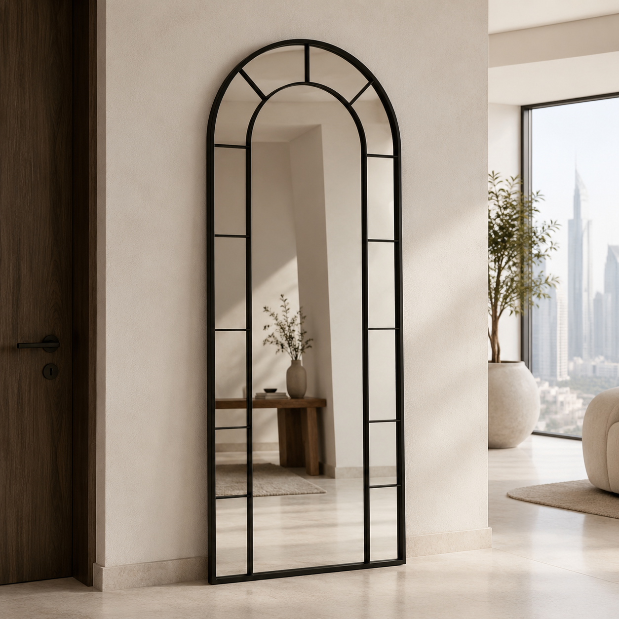 Veyra black arched mirror 170 x 70 cm in a modern entryway