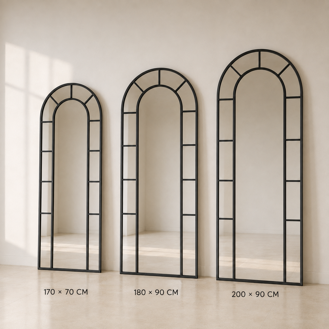 Veyra black arched mirror size comparison 170 x 70, 180 x 90 and 200 x 90 cm