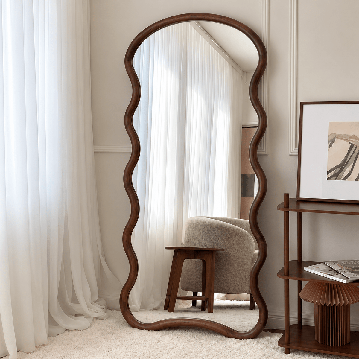 Wavy Full-Length Floor Mirror with Wooden Frame & Stand 175×80 cm - SHAGHAF HOME