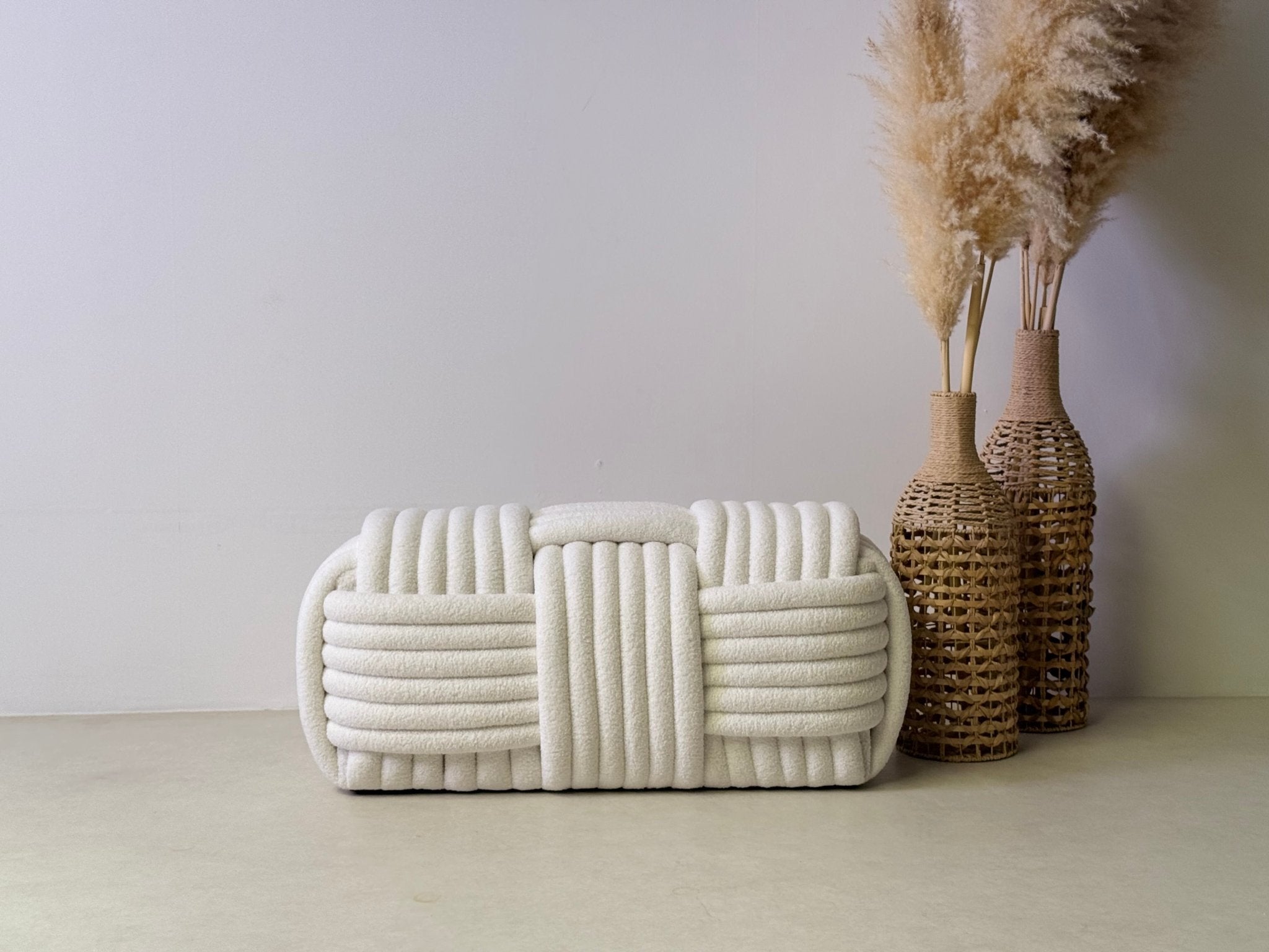 White Cloud Weave Bouclé Bench – Modern Sculptural Seat - SHAGHAF HOME