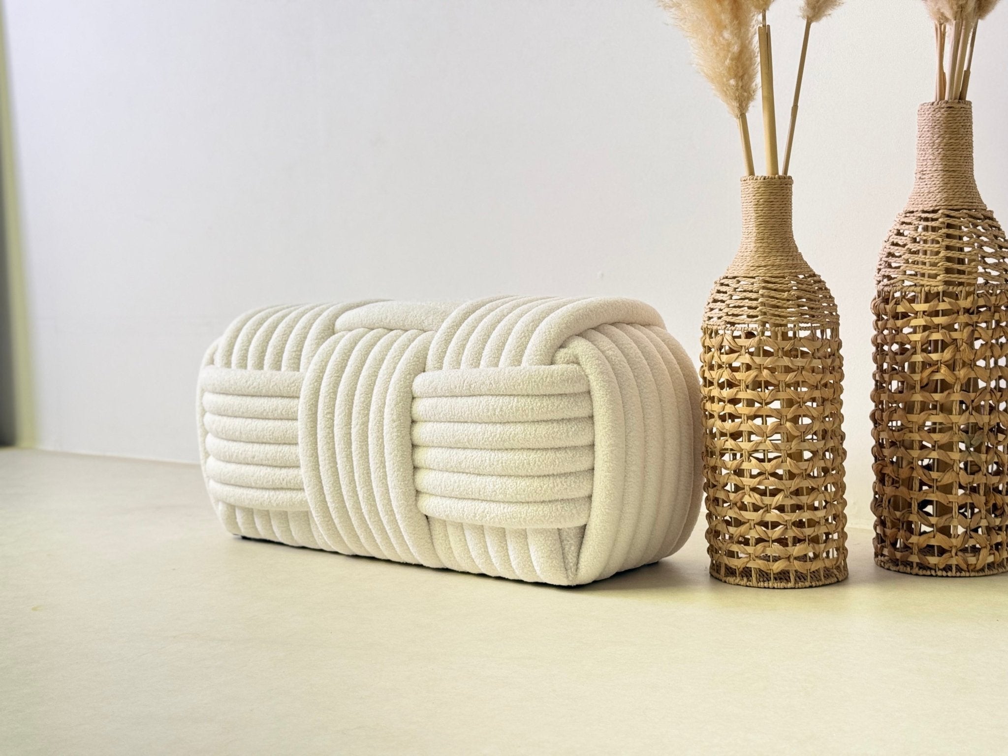 White Cloud Weave Bouclé Bench – Modern Sculptural Seat - SHAGHAF HOME