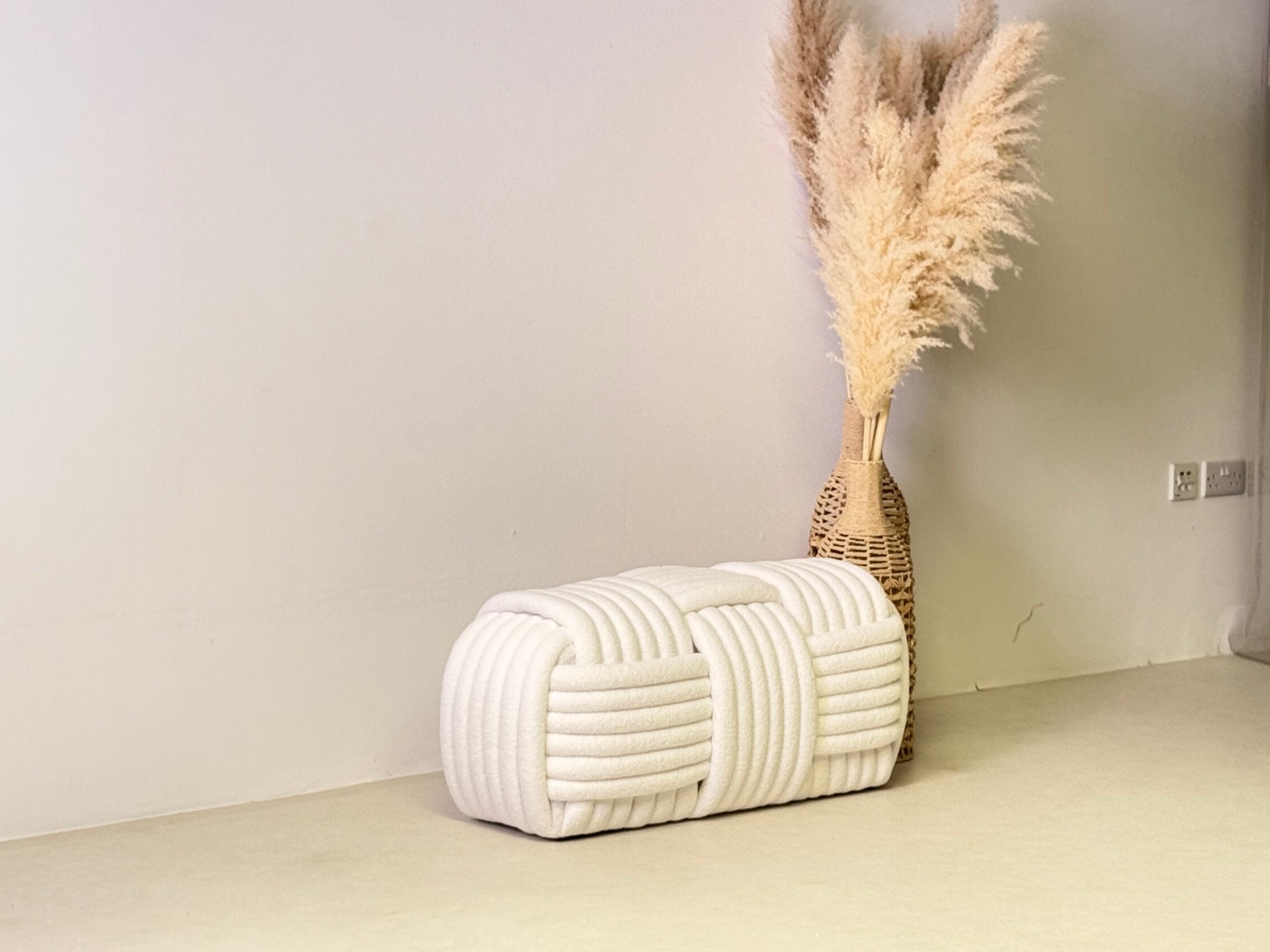 White Cloud Weave Bouclé Bench – Modern Sculptural Seat - SHAGHAF HOME