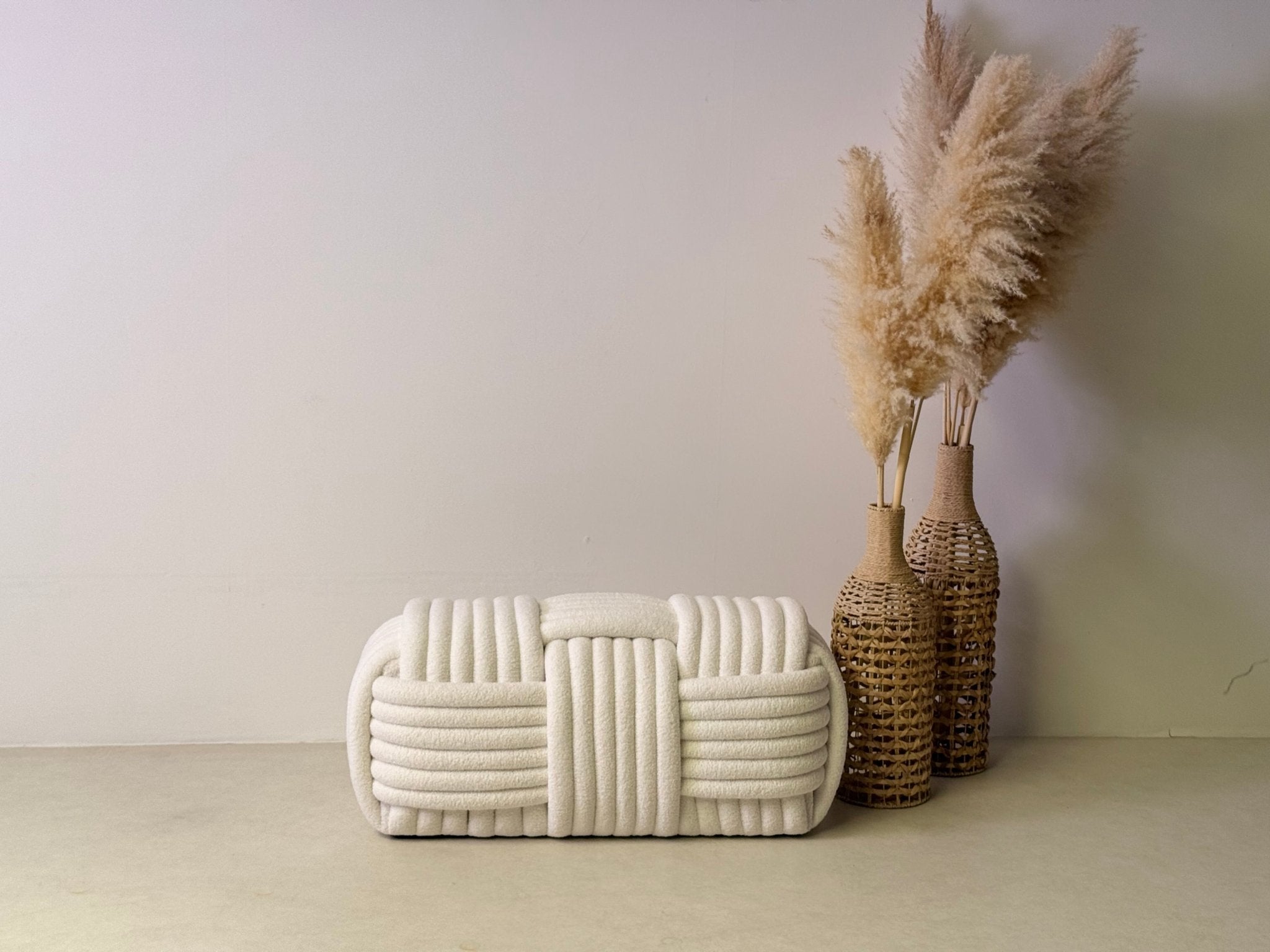 White Cloud Weave Bouclé Bench – Modern Sculptural Seat - SHAGHAF HOME