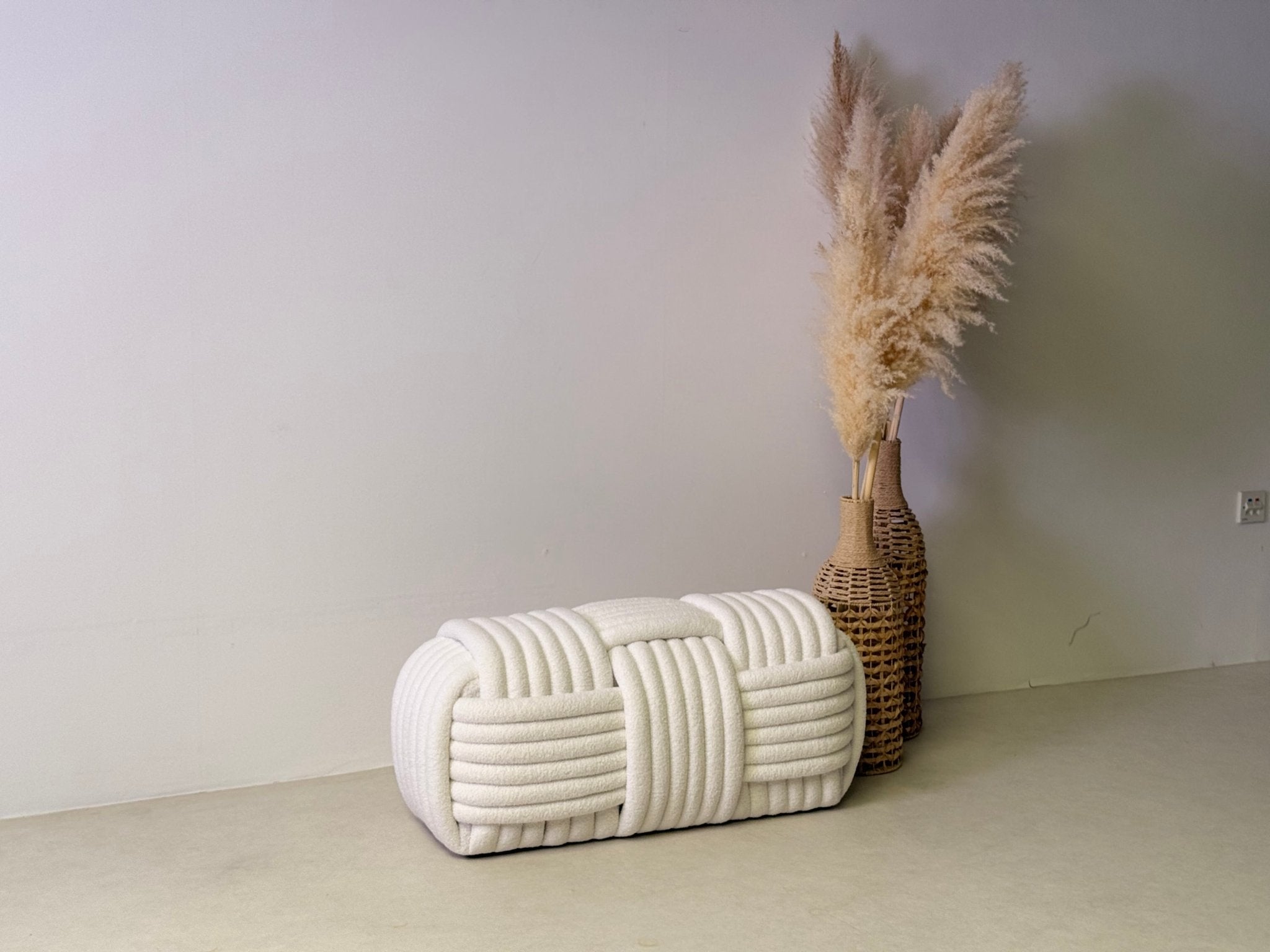 White Cloud Weave Bouclé Bench – Modern Sculptural Seat - SHAGHAF HOME