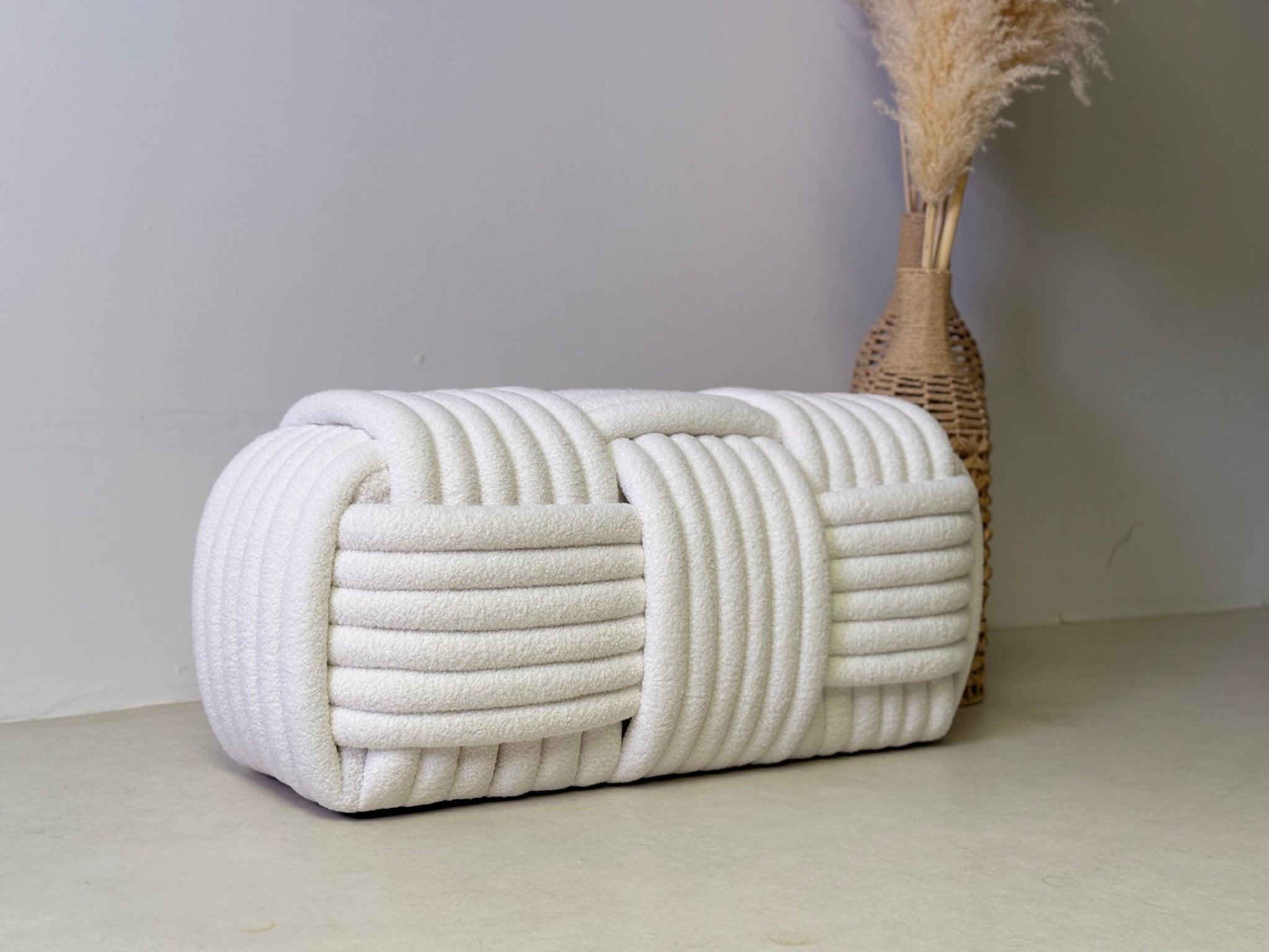 White Cloud Weave Bouclé Bench – Modern Sculptural Seat - SHAGHAF HOME