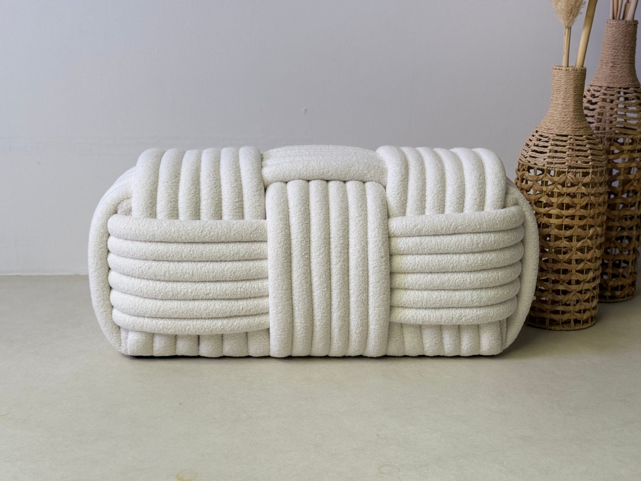 White Cloud Weave Bouclé Bench – Modern Sculptural Seat - SHAGHAF HOME