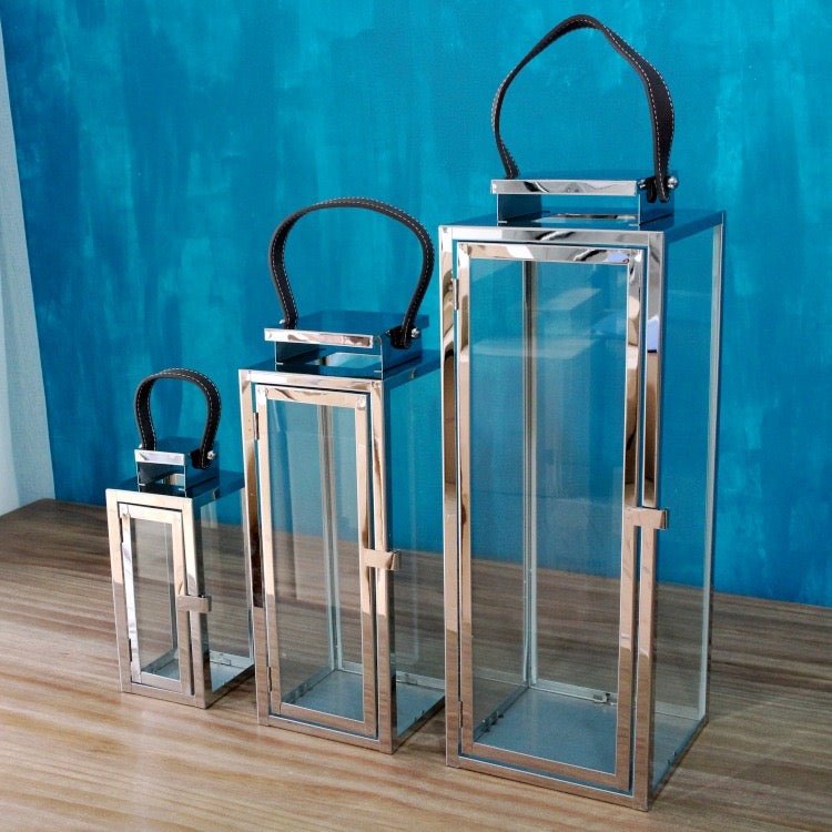 Candle aluminum lantern set with leather handle - SHAGHAF HOME