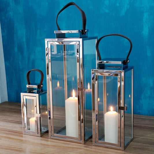 Candle aluminum lantern set with leather handle - SHAGHAF HOME