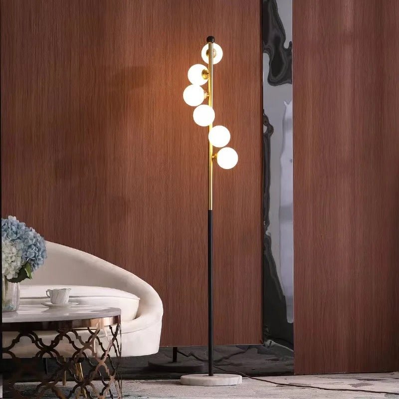 Opal Glass Ball Standing Floor Light with Spiral Design Modernist 6-Head Gold-Black Stand Up Lamp - SHAGHAF HOME