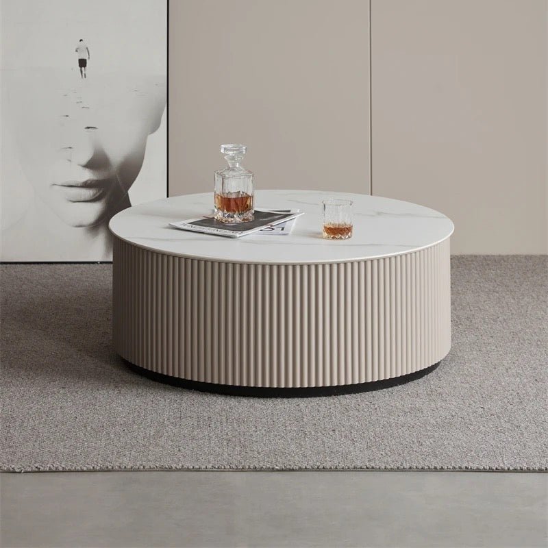 Round Slate Top Coffee Table Glam Drum Coffee Cocktail Table - SHAGHAF HOME