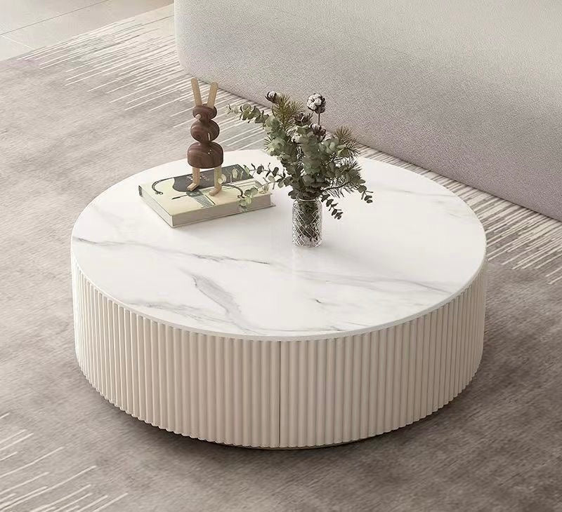 Round Slate Top Coffee Table Glam Drum Coffee Cocktail Table - SHAGHAF HOME