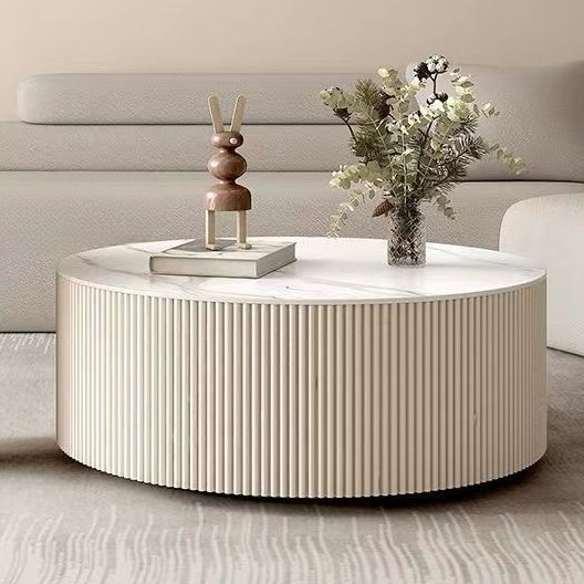 Round Slate Top Coffee Table Glam Drum Coffee Cocktail Table - SHAGHAF HOME