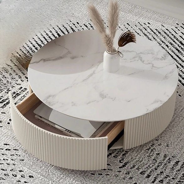 Round Slate Top Coffee Table Glam Drum Coffee Cocktail Table - SHAGHAF HOME