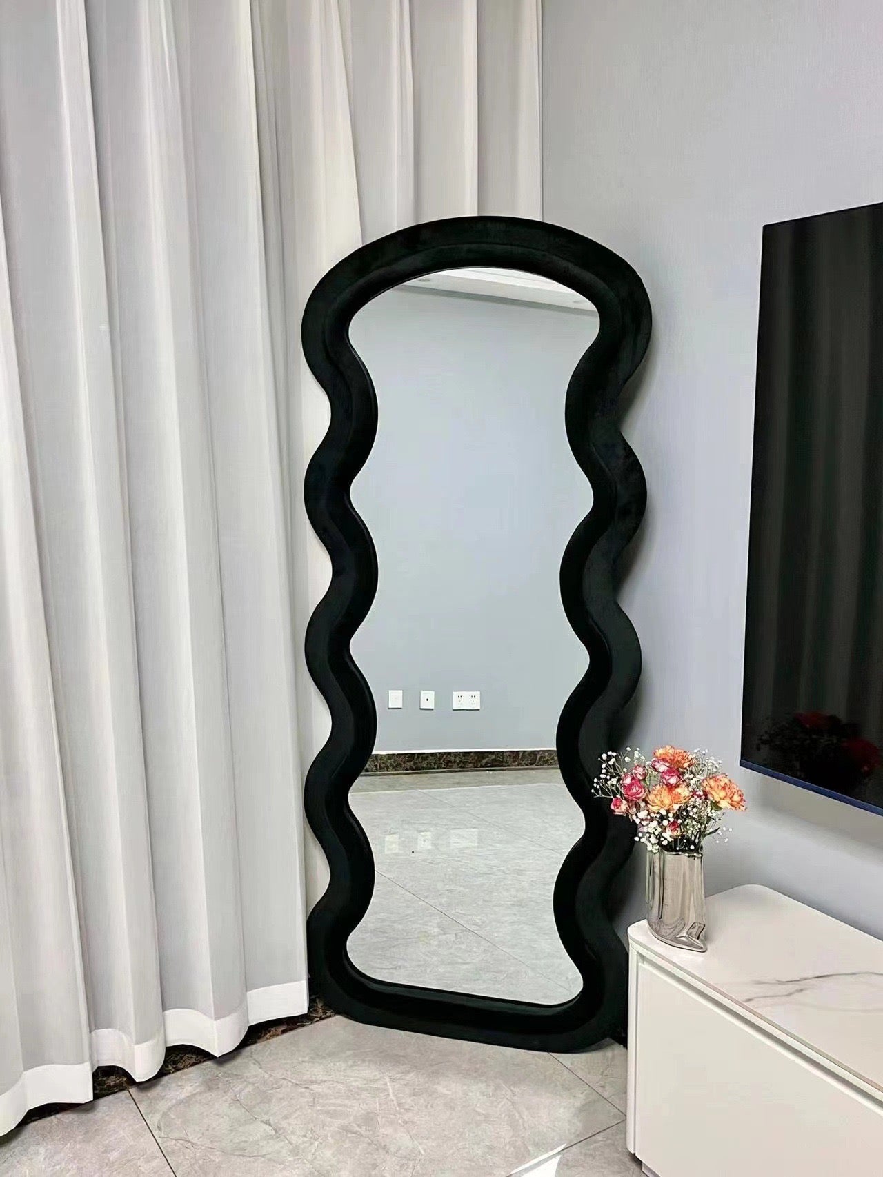 Wavy black velvet full length mirror - SHAGHAF HOME