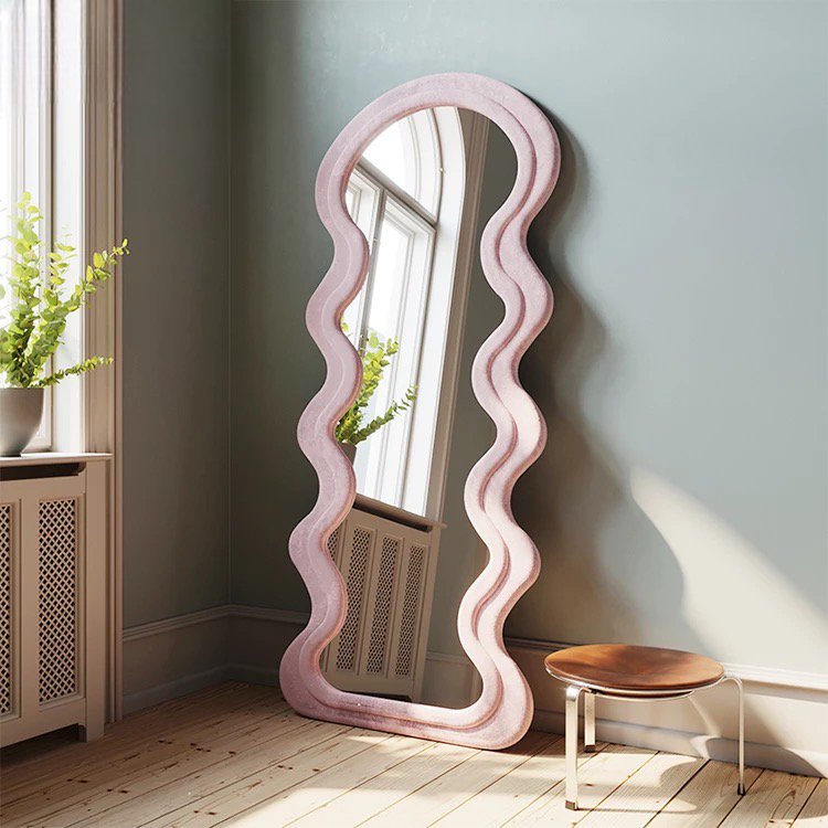 Wavy Pink frame velvet floor Mirror - SHAGHAF HOME